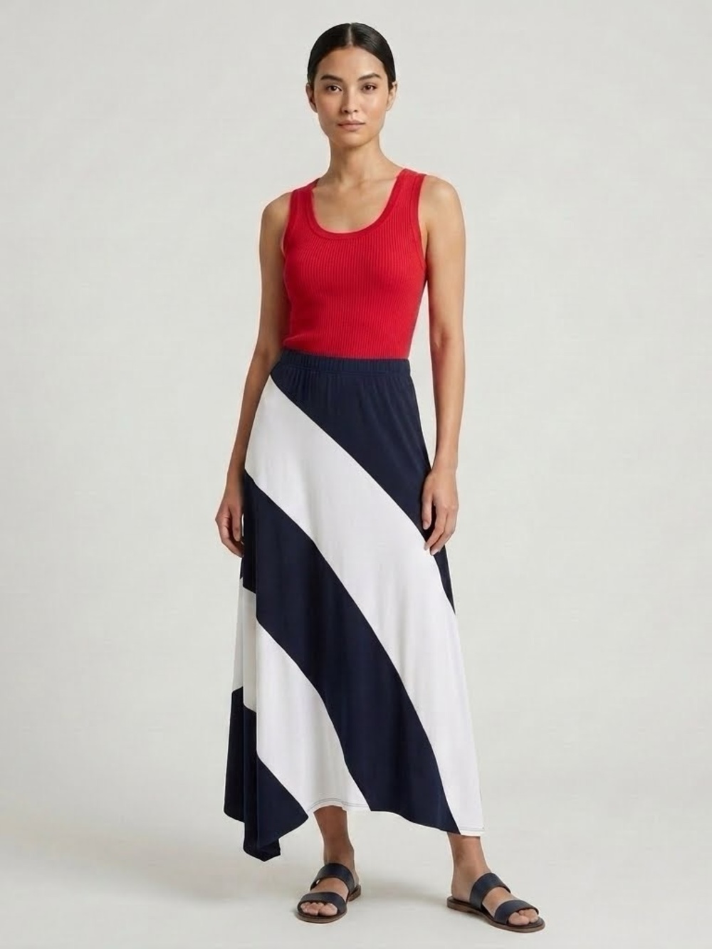 INC International Concepts Navy and White Diagonal-Stripe Maxi Skirt EUC Size L